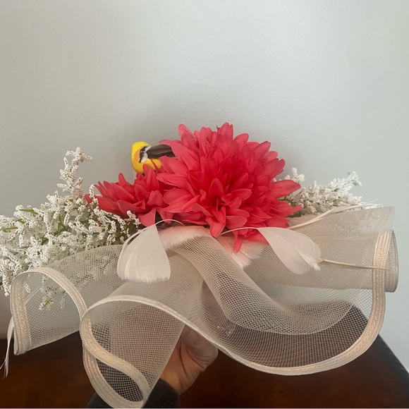 Custom off white & pink floral bird Kentucky Derby Fascinator - Picture 7 of 9